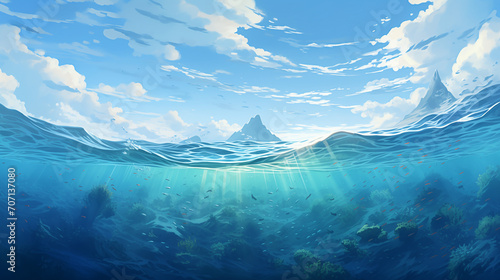 Blue ocean panorama with sun reflection, The vast open sea with clear sky, Ripple wave and calm sea with beautiful sunlight, water of tropical sea, Ai generated image 