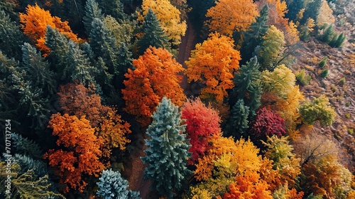 Forêt automnale éclatante : Canopée colorée vue d'en haut, saison des couleurs