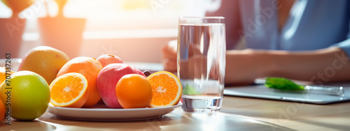 on the table, fruit, a glass of water, a person in the background. healthy weight loss diet.