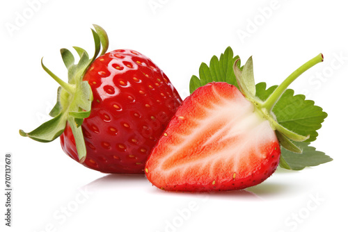 fresh ripe red strawberry and a half of berry isolated on white background, healthy, vegetarian, fruit smoothies, with clipping path.