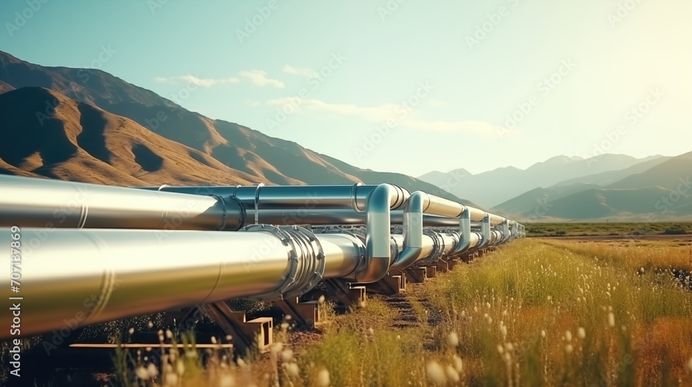 Naklejka premium Close up new modern gas and oil transportation pipe in sunny field with mountains