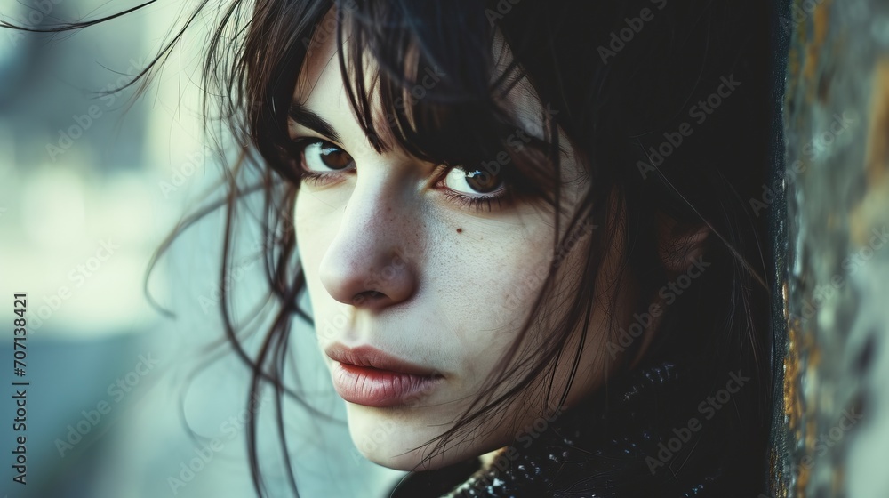 Portrait rapproché : Femme au regard intense, cheveux ébouriffés, ambiance extérieure Portrait rapproché : Femme au regard intense, cheveux ébouriffés, ambiance extérieure