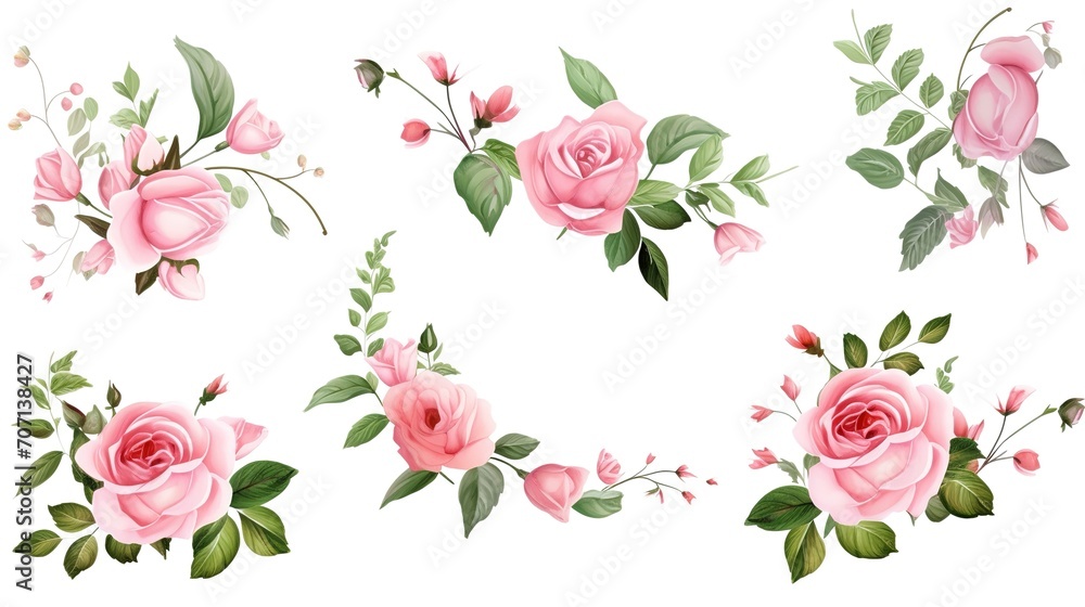 Set of vector bouquets of pink rose. Flowers on white background. All elements are isolated. Elements for wedding design. Corners and borders of pink roses. generative ai Set of vector bouquets of pink rose. Flowers on white background. All elements are isolated. Elements for wedding design. Corners and borders of pink roses. generative ai