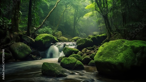 waterfall in the middle of a tropical forest with mossy rocks. natural natural scenery © nomesart