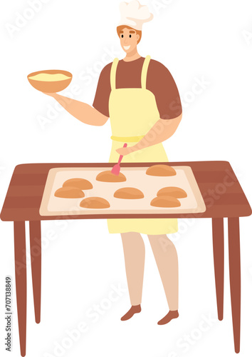 Chef glazing pastries on baking sheet in kitchen. Male baker with apron and chef's hat preparing cookies. Baking and culinary skills vector illustration.
