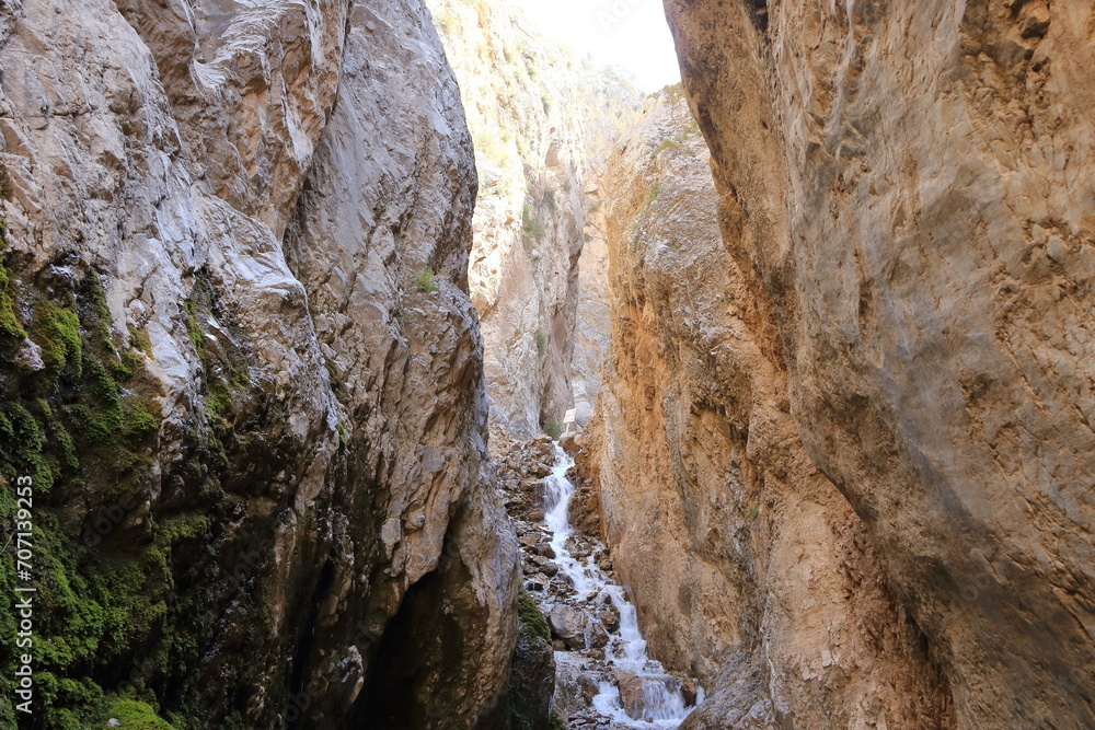 the river at the foot of the waterfall near Arslanbob, Kyrgyzstan, Central Asia