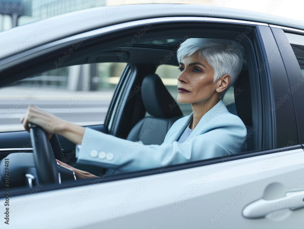 a happy stylish senior woman in light blue suit is driving white car. Portrait of happy female driver steering car with safety belt.