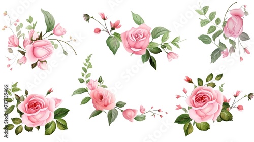 Set of vector bouquets of pink rose. Flowers on white background. All elements are isolated. Elements for wedding design. Corners and borders of pink roses. generative ai © irvan
