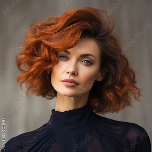 Femme aux cheveux auburns vibrants, style soigné et regard expressif