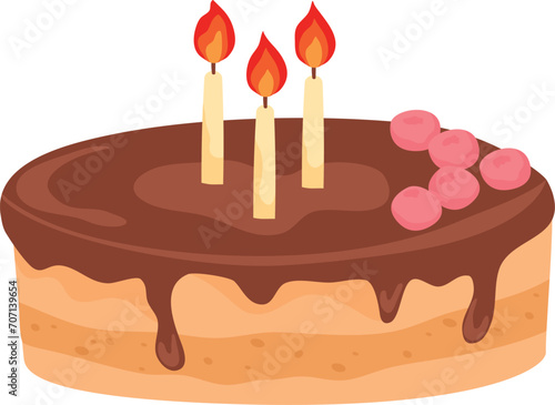 Birthday cake with chocolate icing and three lit candles. Cartoon cake with pink decorations. Celebration dessert vector illustration.