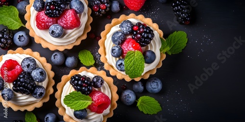 Healthy summer pastry dessert. Berry tartlets or cake with cream cheese top view.