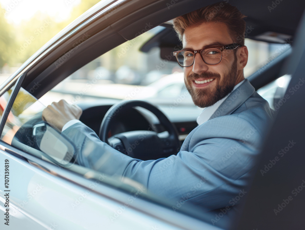 a happy stylish caucasian man in light blue suit is driving white car, Sale transport concept. a happy stylish caucasian man in light blue suit is driving white car, Sale transport concept.