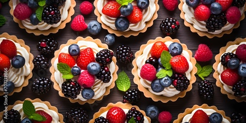 Healthy summer pastry dessert. Berry tartlets or cake with cream cheese top view.