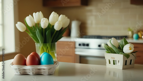 Easter eggs in basket with white tulips in the kithen interior. photo