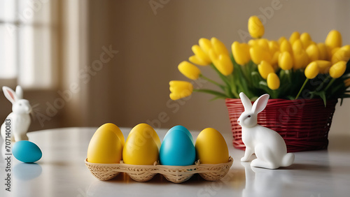 Basket with Easter eggs and buquet with tulips on the table  photo