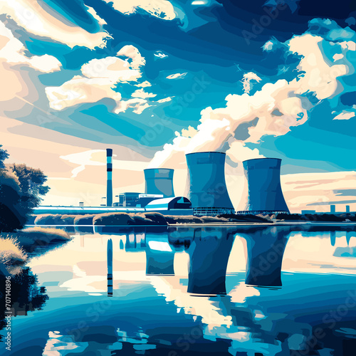 An illustrative image of a clean nuclear power plant, featuring a blue theme.