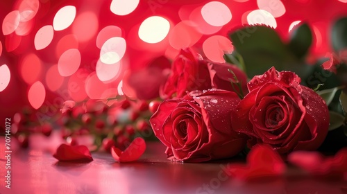 Valentines day background with red roses and bokeh lights