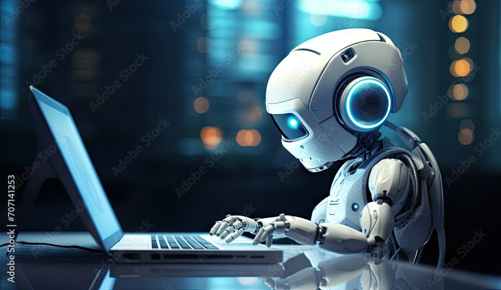 Futuristic robot working on laptop in modern office setting Futuristic robot working on laptop in modern office setting