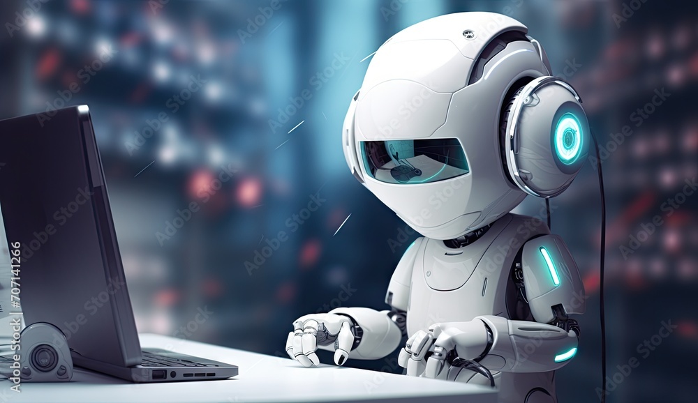 Fototapeta premium Futuristic robot working on laptop in modern office setting