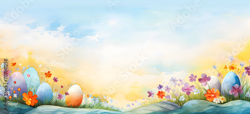 Watercolor Easter scene on light background with decorated eggs