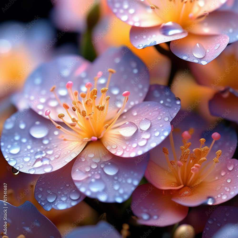 close-up of pink peach blossom surrounded by mist and water droplets in warm sunlight