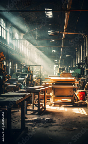 An empty furniture workshop with machinery and beautiful light.