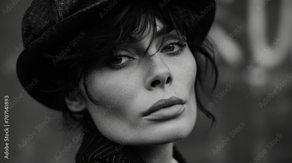 Portrait d'une femme de 40 ans une casquette Gavroche en noir et blanc avec un air mélancolique et pensif Portrait d'une femme de 40 ans une casquette Gavroche en noir et blanc avec un air mélancolique et pensif