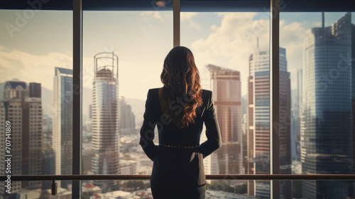 In an elegant office setting, a female executive looks out onto an urban cityscape, symbolizing leadership and career aspirations in a corporate environment.