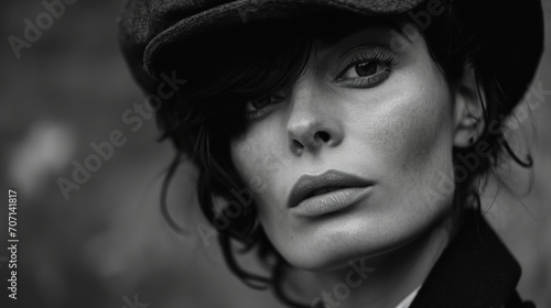 Portrait d'une femme de 40 ans une casquette Gavroche en noir et blanc avec un air mélancolique et pensif