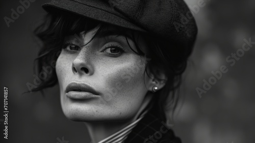 Portrait d'une femme de 40 ans une casquette Gavroche en noir et blanc avec un air mélancolique et pensif