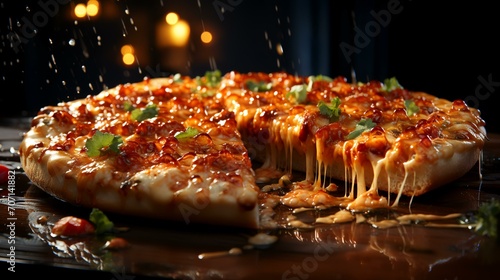 Pizza Slice and Hot Pizza on Black Background