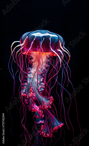 Brightly colored jellyfish on a dark background