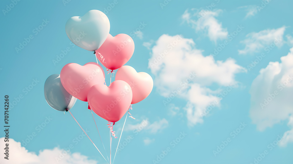 Helium air balloon in heart shape, blue sky. Valentine's day
