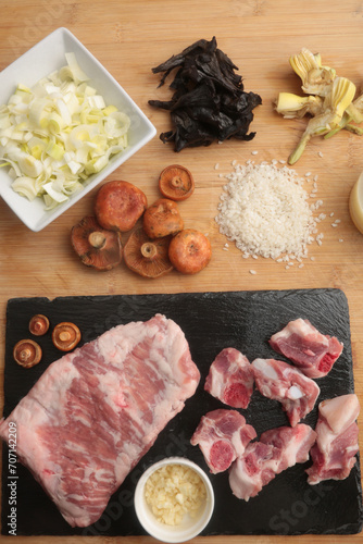 ingredients for spanish autumn rice with mushrooms and pork jowl meat