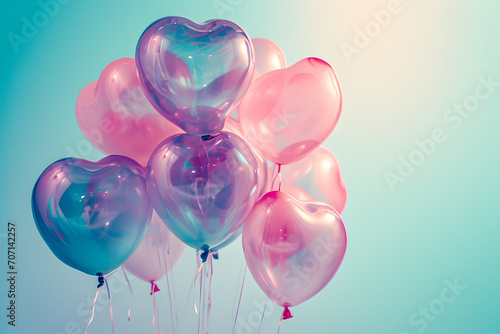 Helium air balloon in heart shape, metallic holographic colourful shiny reflective surface. Valentine's day