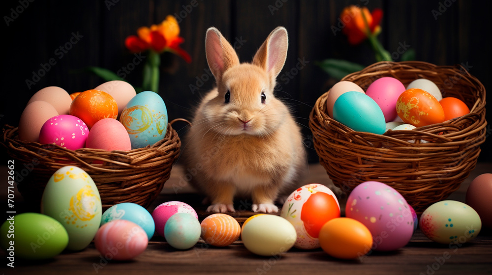rabbit and colorful eggs. Easter holiday concept.