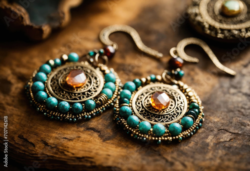 Handmade boho style earrings with ethnic motifs. Gold plated material with crystals and colored beads