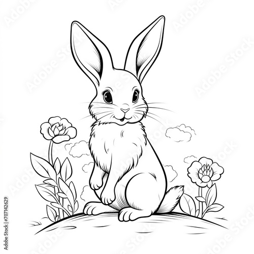 A cute rabbit is standing on a meadow. Linear painting without colors. Generated from AI