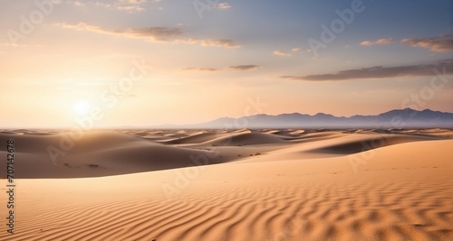 Evoke a sense of tranquility and isolation in a solitary desert scene  capturing the vast expanse of rolling sand dunes under the warm glow of a setting sun- Generative AI