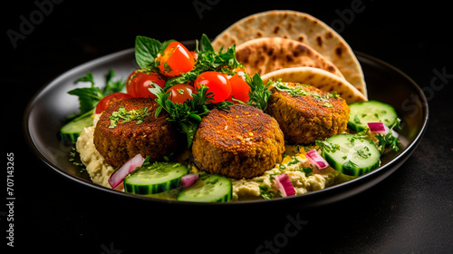 a plate of fried falafel balls and parsley leaves and vegetables on a dark background.