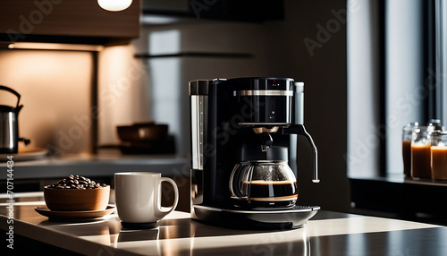 Coffee machine in a modern kitchen. Household appliances, everyday use. Interior, furniture concept