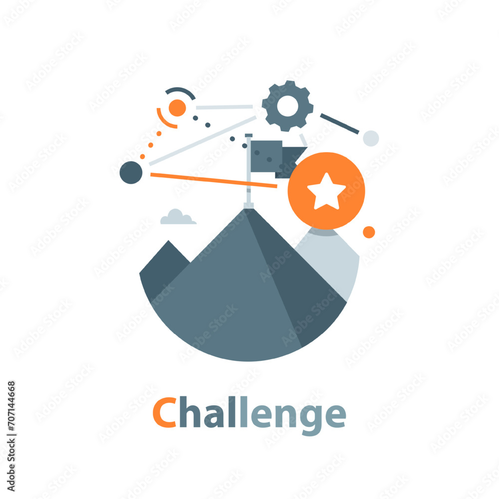 Challenge,Mission icon, goal, mountain with a flag in black simple design on an isolated background