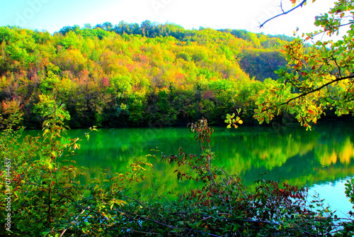 Lavish scenery from Lago di Boccafornace in Pievebovigliana, Valfornace (Macerata) with autumn trees in yellow, brown and green colors surrounding the lake with its mirroring rippling emerald surface