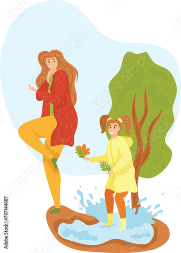 Young woman and girl splashing in puddle  wearing raincoats. Child and adult enjoying rainy weather outdoors  playful mood. Mother and daughter in Autumn season vector illustration.
