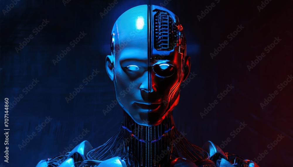 3D image of a full bodied or a man robot, half face of man half face of