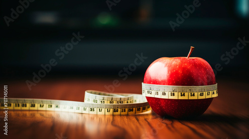 measuring tape apple on wooden table. Emaciation