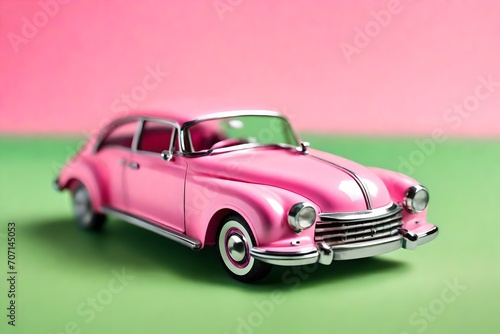 Model pink retro toy car positioned on a vibrant green background. The miniature car stands out  offering ample copy space around it for additional elements or text.