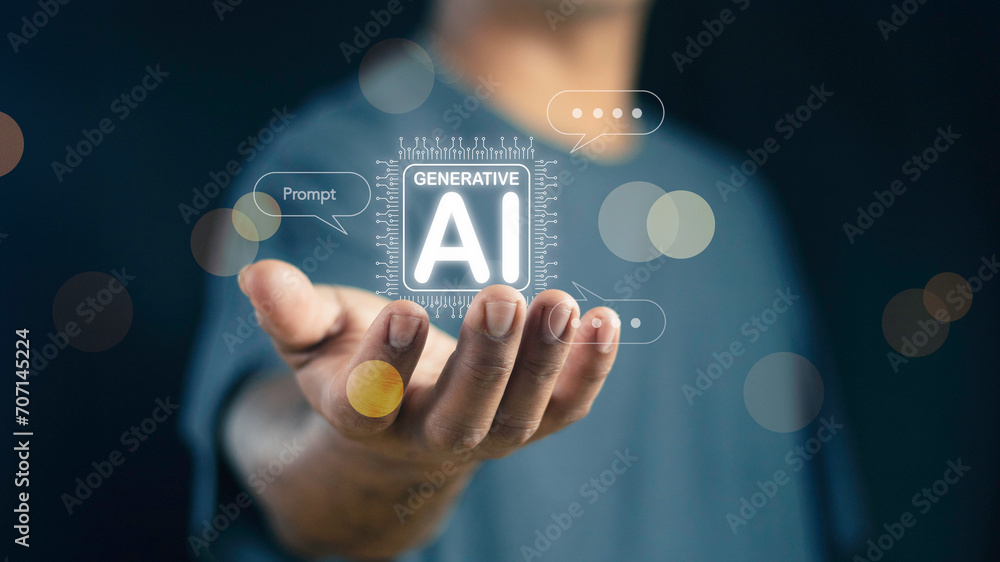 Man using technology generative AI for working tools. Chat with AI, using technology smart robot AI, artificial intelligence to generate something or Help solve work problems Man using technology generative AI for working tools. Chat with AI, using technology smart robot AI, artificial intelligence to generate something or Help solve work problems