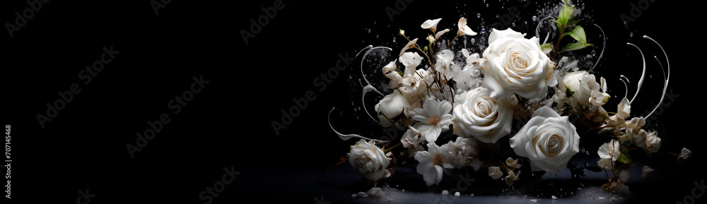 Bouquet of white roses and splashes of water. Falling bouquet of flowers close-up