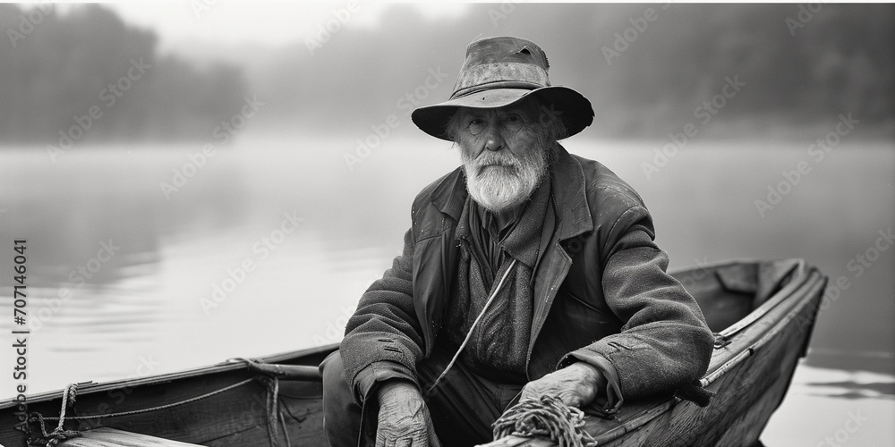 Nostalgic fisherman portrait, old wooden boat, tattered hat, black and white, misty morning on the lake